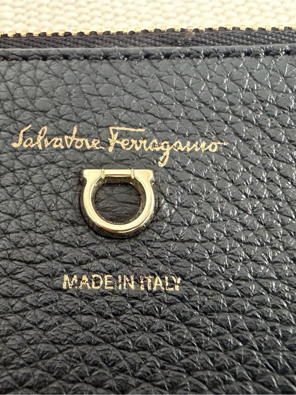 Salvatore Ferragamo Black Pebbled Leather Wallet with Gold Hardware